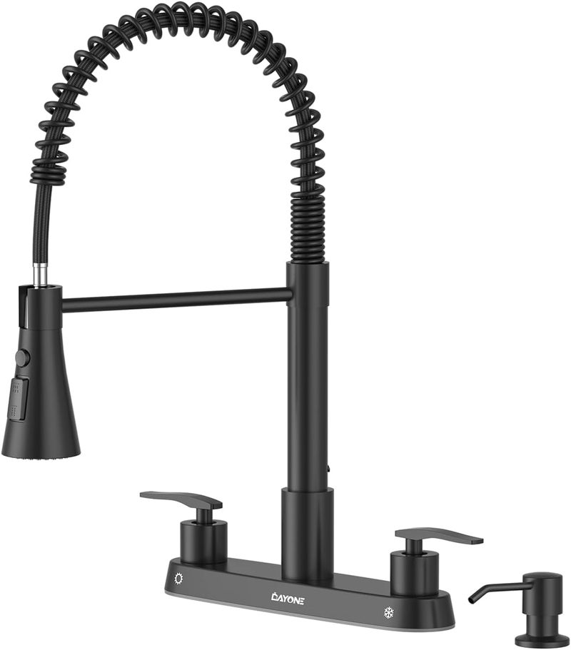 DAYONE Two Handles Kitchen Faucet with Pull Down Sprayer and Soap Dispenser, Spring Matte Black Pull Out Kitchen Sink Faucet for 3/4 Holes Sink, High Arc Stainless Steel Faucet for Kitchen Bar RV - Image 1